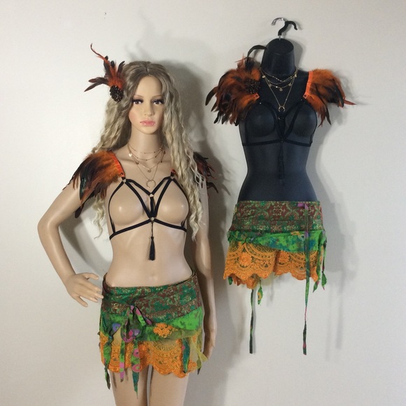 🎀 8PC TWIN FESTIVAL GOGO SKIRT FEATHER NECKLACE PERFORMANCE DANCER FAIRY ELF - Picture 5 of 8